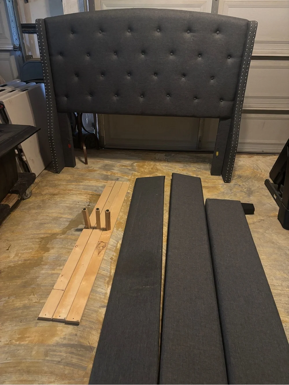 Queen Tufted Dark Gray Upholstered Headboard with Nailhead Trim